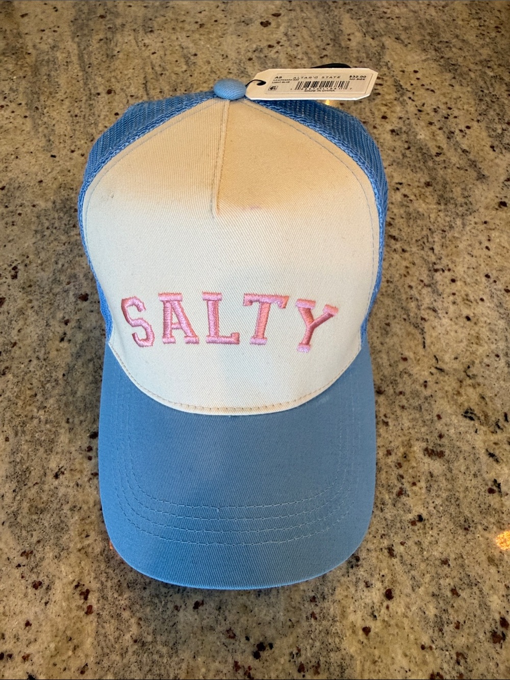 NWT Women’s Altar’d State, 'SALTY' Trucker Hat - Blue & Cream with Pink